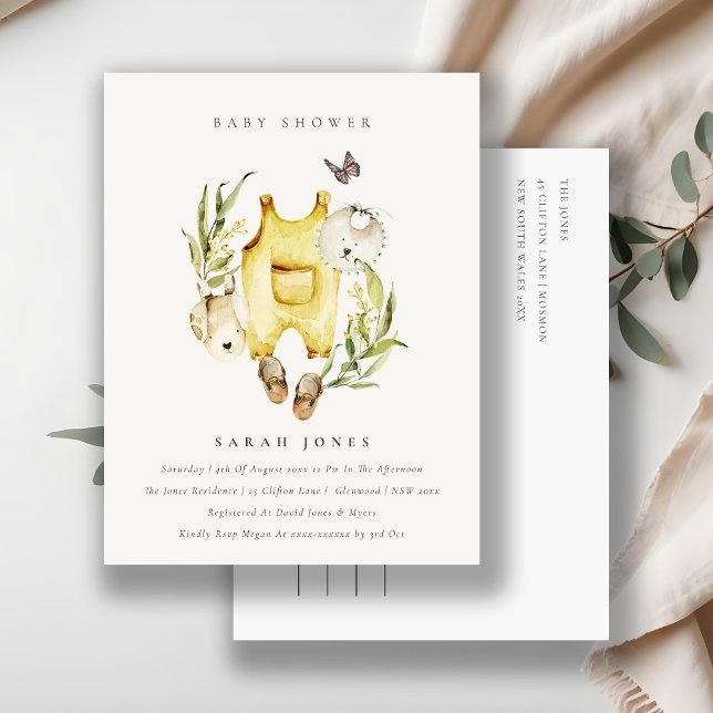 Cute Leafy Foliage Yellow Clothes Baby Shower Postcard (Creator Uploaded)