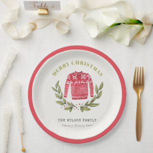 Cute Leafy Red Green Ugly Sweater Christmas Winter Paper Plate