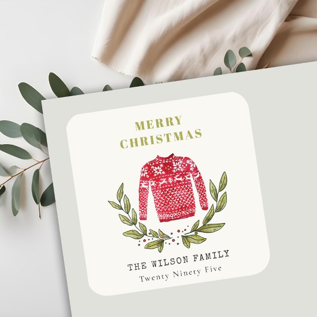 Cute Leafy Red Green Ugly Sweater Christmas Winter Square Sticker (Creator Uploaded)
