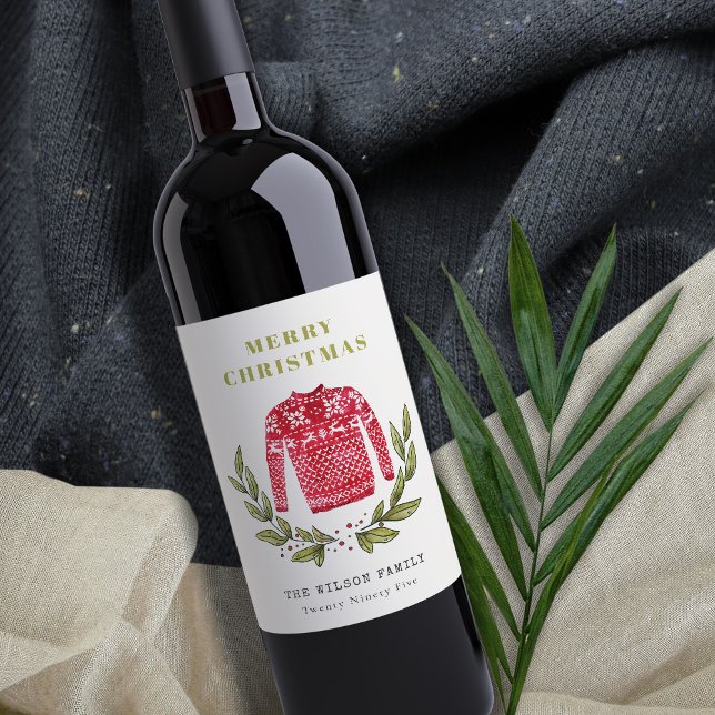 Cute Leafy Red Green Ugly Sweater Christmas Winter Wine Label (Creator Uploaded)