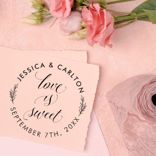 Cute Leaves Love Is Sweet Round Wedding Thank You Self-inking Stamp