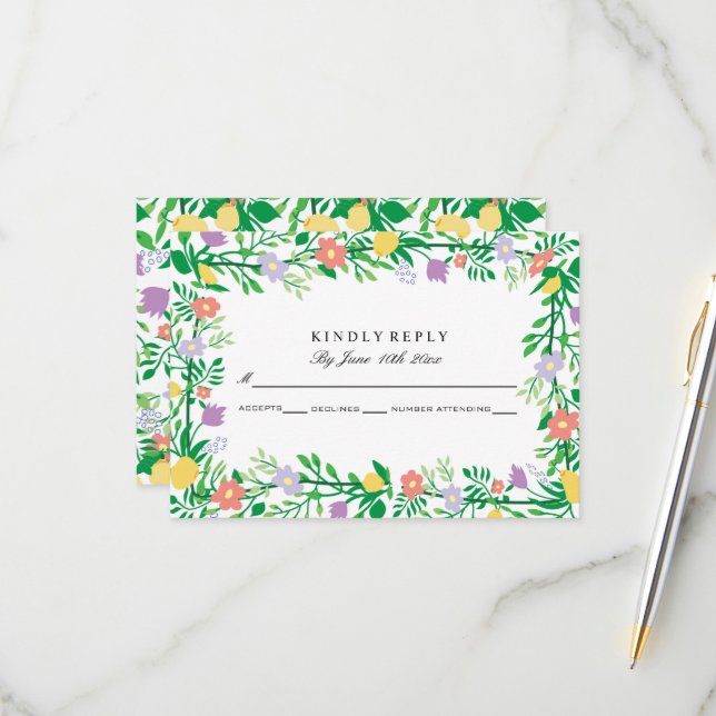 CUTE LEMON AND FLOWERS FLORAL DECOUPAGE RSVP CARD (Front/Back In Situ)