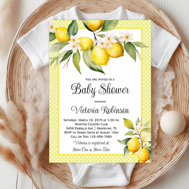 Cute Lemon Baby Shower Invitation (Yellow lemon baby shower invitation with pretty watercolor lemons on a yellow polka dot background.)