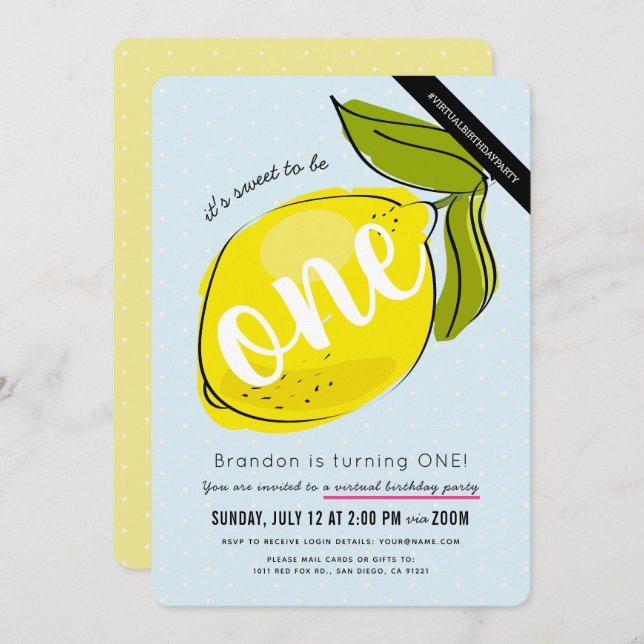 Cute Lemon Boy Blue Virtual 1st Birthday Invitation (Front/Back)