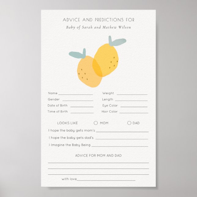 Cute Lemon Citrus Baby Shower Advice Prediction Poster (Front)