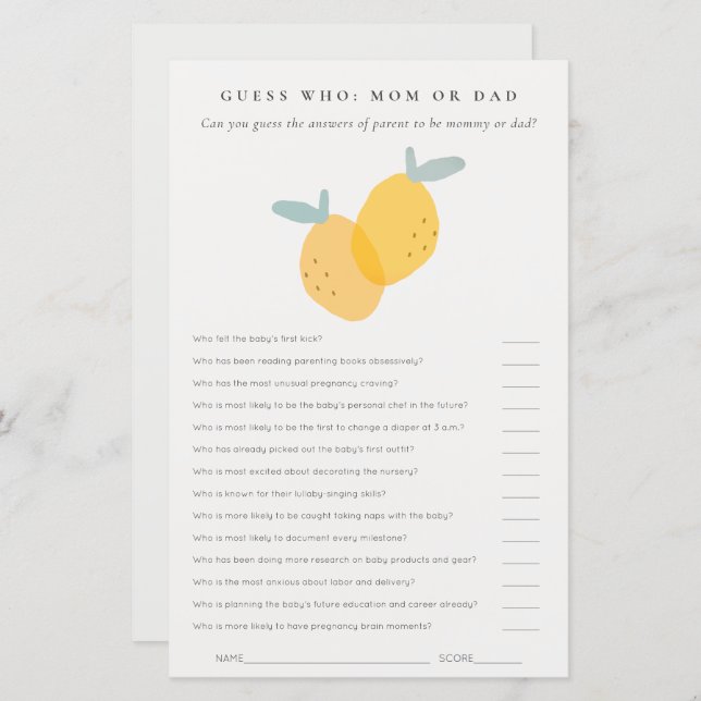 Cute Lemon Citrus Baby Shower Guess Who Mum or Dad (Front/Back)