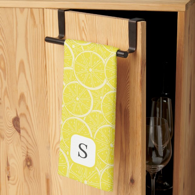 Cute Lemon Citrus Fruit Monogrammed Initial Tea Towel (Thirds Fold)
