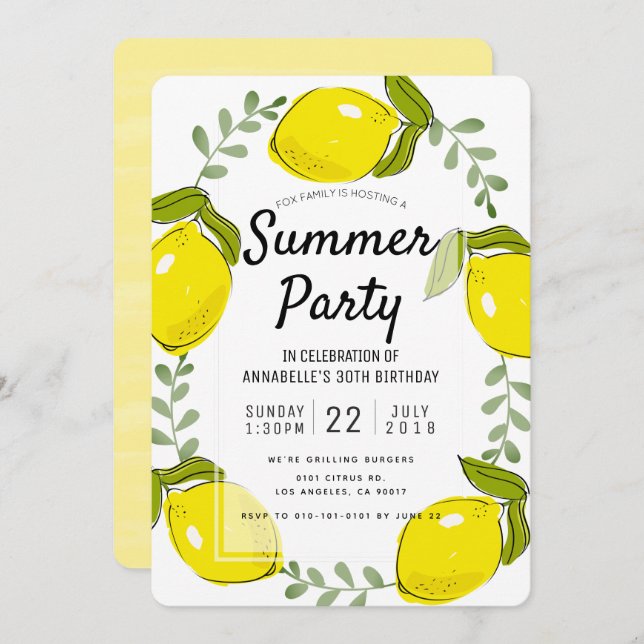 Cute Lemon Citrus White Summer Party Invitation (Front/Back)
