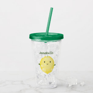 Cute lemon fruit cartoon bubbles illustration acrylic tumbler