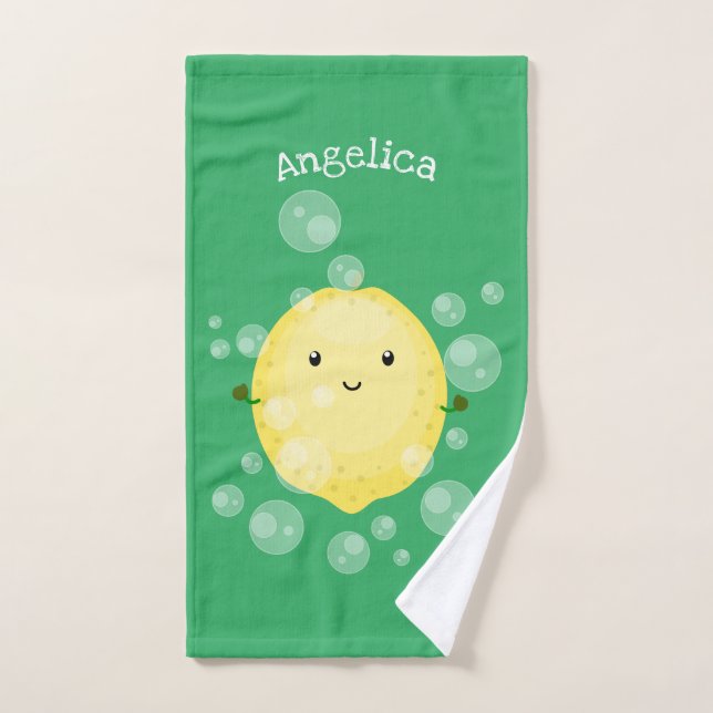 Cute lemon fruit cartoon bubbles illustration bath towel set (Hand Towel)