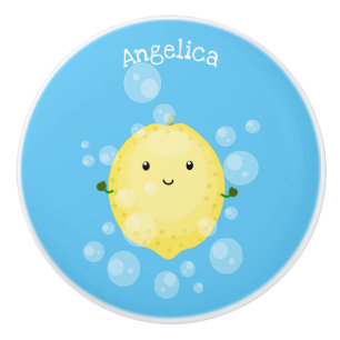Cute lemon fruit cartoon bubbles illustration ceramic knob