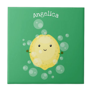 Cute lemon fruit cartoon bubbles illustration ceramic tile