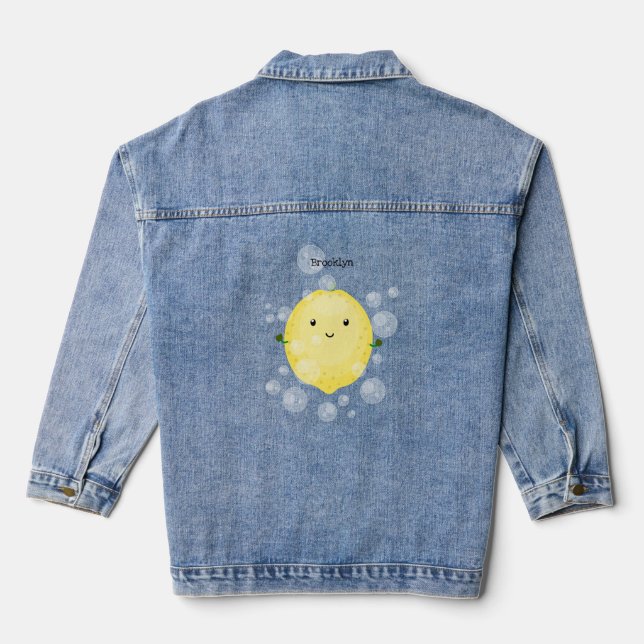Cute lemon fruit cartoon bubbles illustration denim jacket (Back)