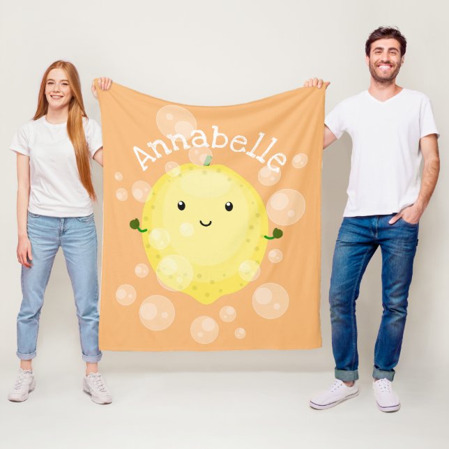 Cute lemon fruit cartoon bubbles illustration fleece blanket (In Situ)