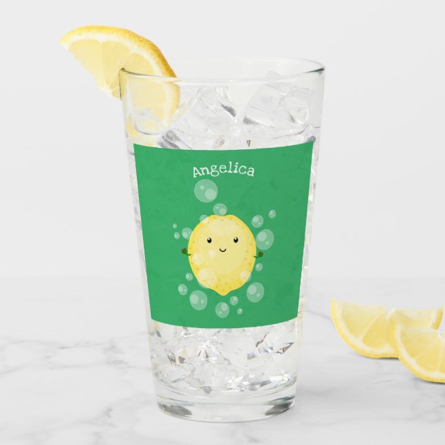 Cute lemon fruit cartoon bubbles illustration glass (Front Ice)