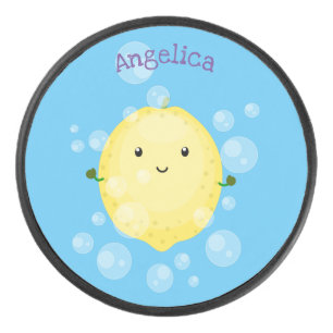 Cute lemon fruit cartoon bubbles illustration hockey puck