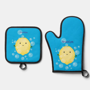 Cute lemon fruit cartoon bubbles illustration oven mitt & pot holder set
