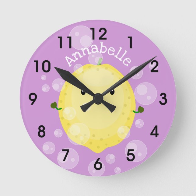 Cute lemon fruit cartoon bubbles illustration round clock (Front)