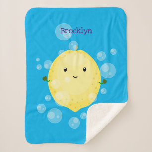 Cute lemon fruit cartoon bubbles illustration sherpa blanket