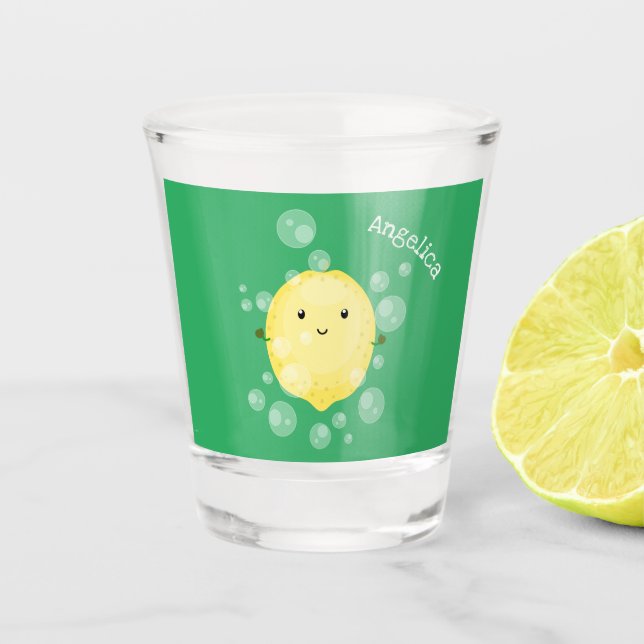 Cute lemon fruit cartoon bubbles illustration shot glass (Front)