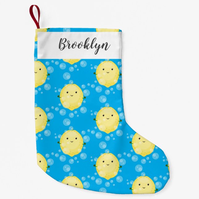 Cute lemon fruit cartoon bubbles illustration small christmas stocking (Front)