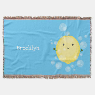 Cute lemon fruit cartoon bubbles illustration throw blanket