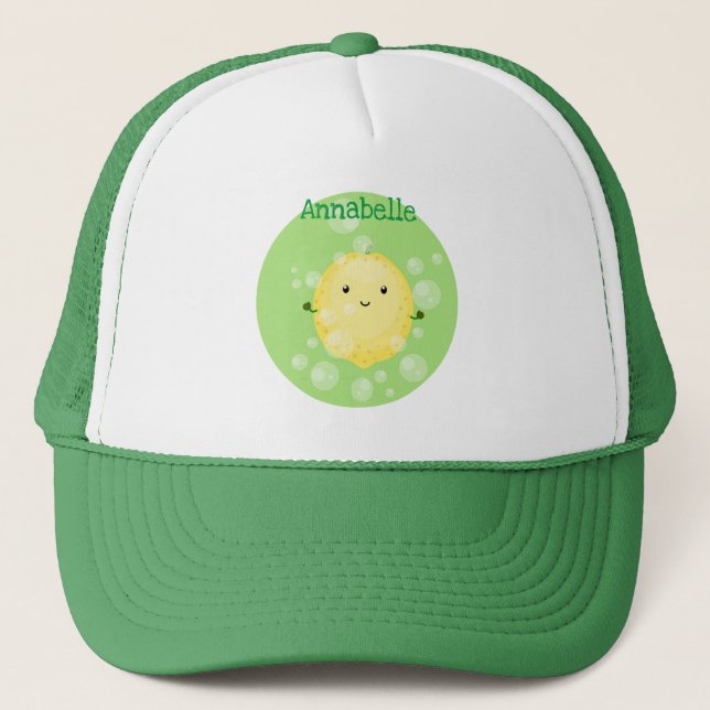 Cute lemon fruit cartoon bubbles illustration trucker hat (Front)