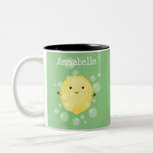 Cute lemon fruit cartoon bubbles illustration Two-Tone coffee mug