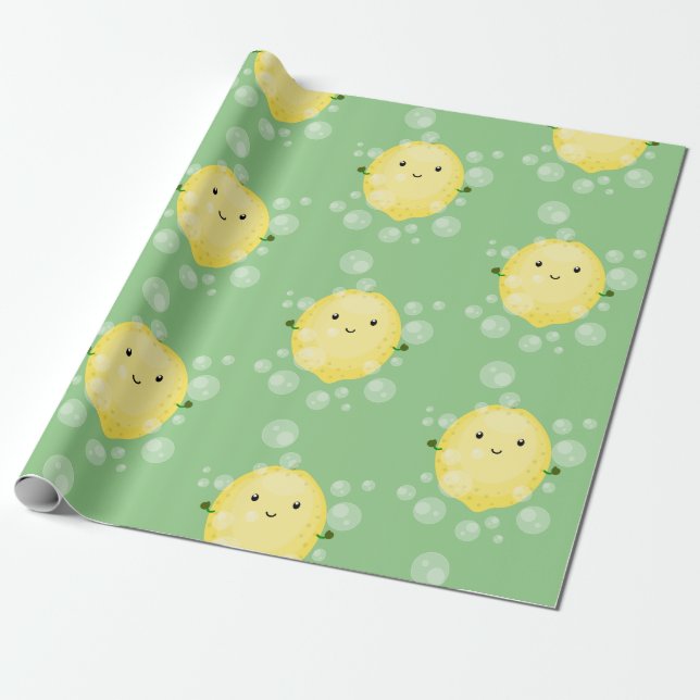 Cute lemon fruit cartoon bubbles illustration wrapping paper (Unrolled)