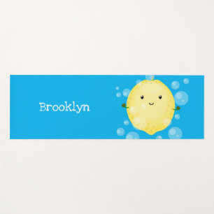 Cute lemon fruit cartoon bubbles illustration yoga mat
