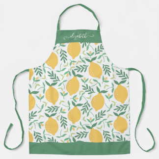 Cute Lemon Leaves Green Yellow Girly Script Name Apron