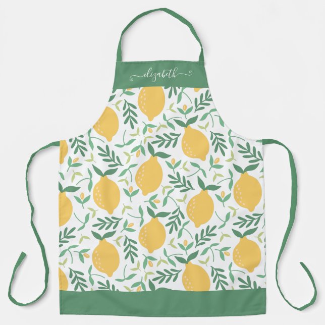 Cute Lemon Leaves Green Yellow Girly Script Name Apron (Front)