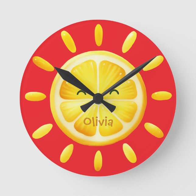 Cute Lemon Sun and Sunrays Round Clock (Front)