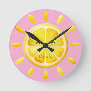 Cute Lemon Sun and Sunrays Round Clock