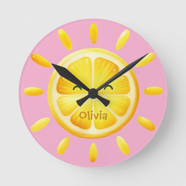 Cute Lemon Sun and Sunrays Round Clock (Front)