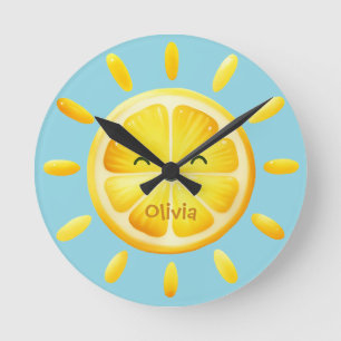 Cute Lemon Sun and Sunrays Round Clock