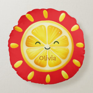 Cute Lemon Sun and Sunrays Round Cushion