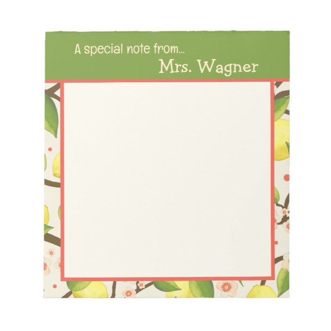 Cute Lemon Teacher Yellow and Green Custom Notepad (Front)