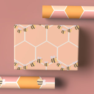 Cute Lemon Yellow & Peachy Orange Honeycomb & Bees Wrapping Paper Sheet