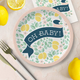 Cute Lemon Yellow Pink Botanical Baby Shower Paper Plate