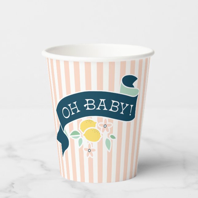 Cute Lemon Yellow Pink Stripe Baby Shower Paper Cups (Front)
