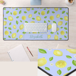 Cute Lemons Watercolor Blue Large Desk Mat