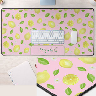 Cute Lemons Watercolor Pink Large Desk Mat