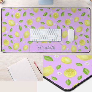 Cute Lemons Watercolor Purple Large Desk Mat