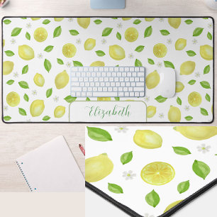 Cute Lemons Watercolor White Large Desk Mat