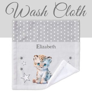 Cute leopard add name polka dots stars grey wash cloth