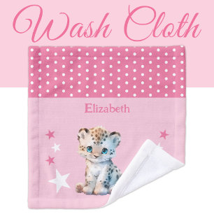 Cute leopard add name polka dots stars pink wash cloth