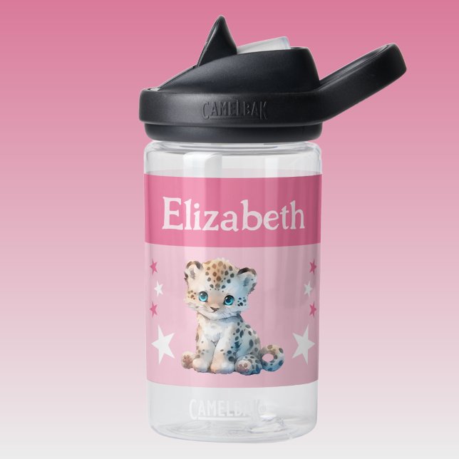 Cute leopard add name with stars kids pink water bottle (Creator Uploaded)