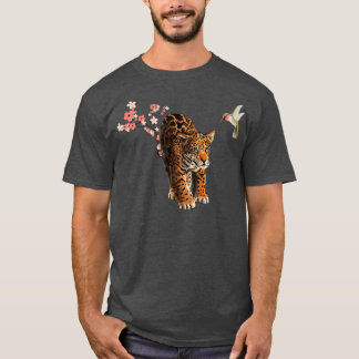 Cute Leopard And Hummingbird Cherry Blossom Flower T-Shirt