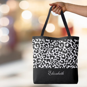 Cute Leopard Animal Pattern Name Black White Chic  Tote Bag
